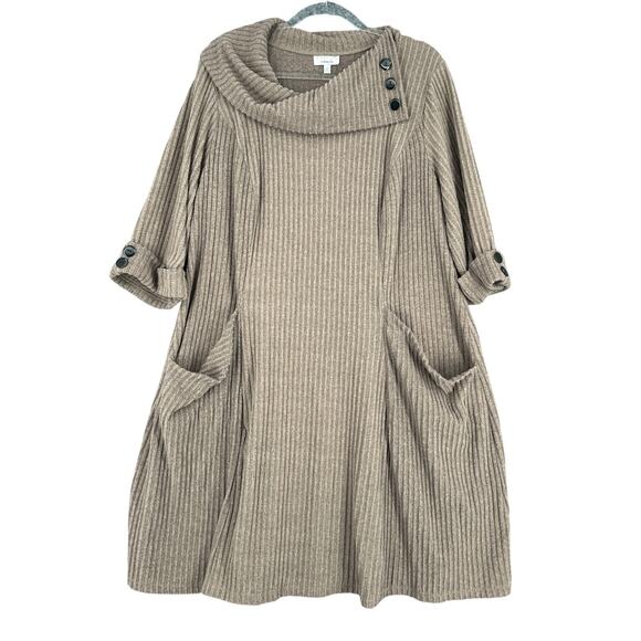 Signature By Robbie Bee Mocha Brown Cowl Neck Ribbed Knit Tunic Sweater Dress 2X - Picture 1 of 7